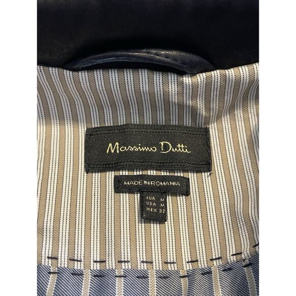 Massimo Dutti Leather Asymmetrical Zip Moto Biker Jacket Navy Women's Size M - Picture 9 of 12